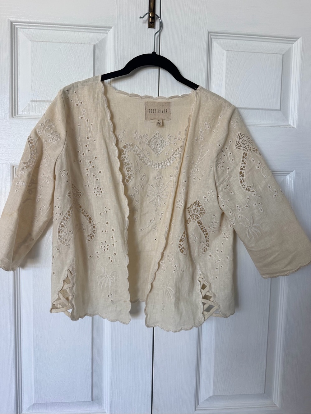 Moon River Cream Embroidered Eyelet Open Cardigan